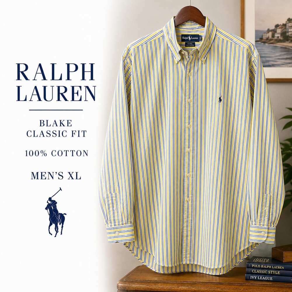 Ralph Lauren Blake Button Down‎ XL Classic Fit Yellow Blue Stripe Cotton Shirt
